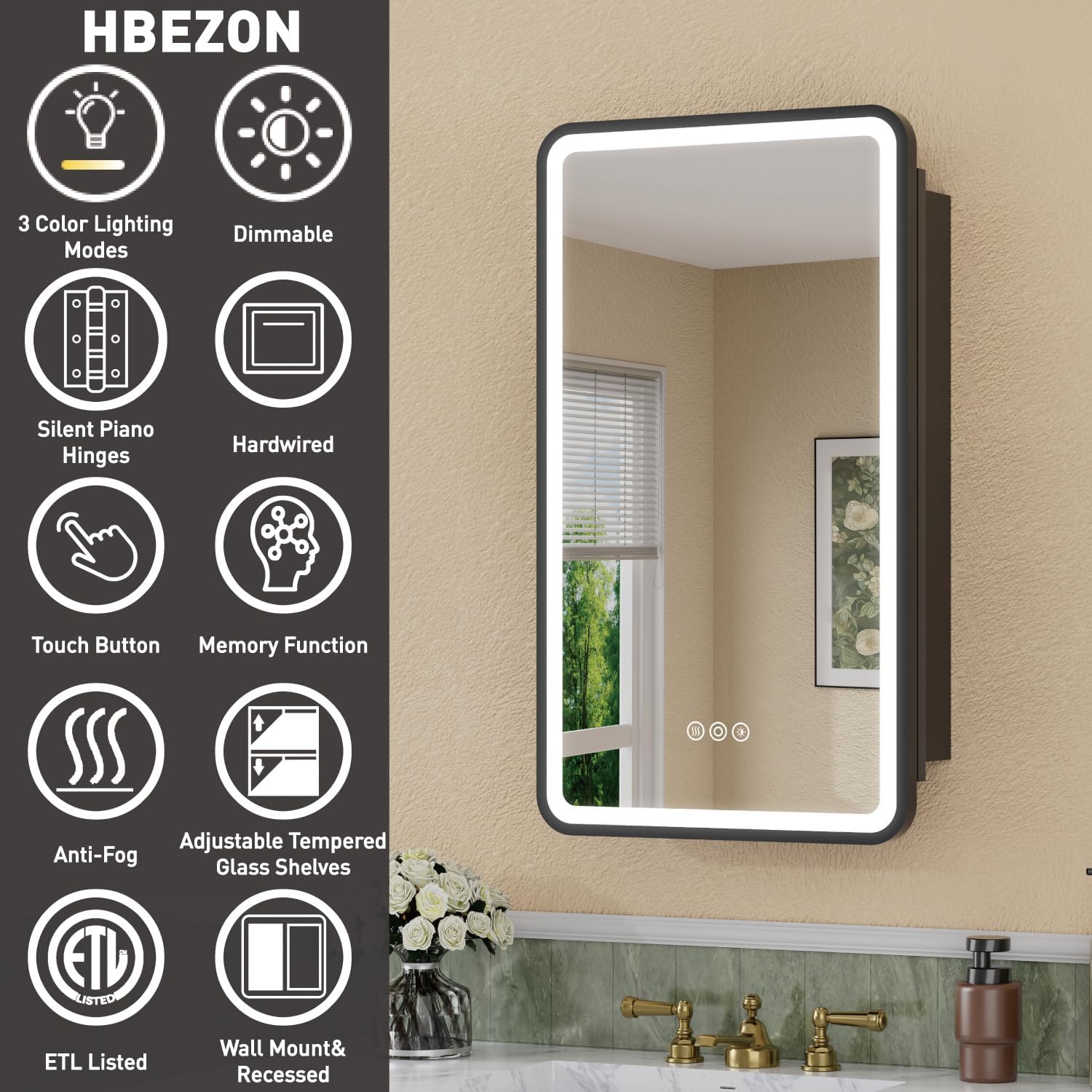 16 x 28 Inch Medicine Cabinet with Mirror and LED Light for Bathroom image 3