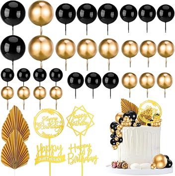 FRIUSATE 36 PCS Black Gold Cake Decorations Set with Foam Balls