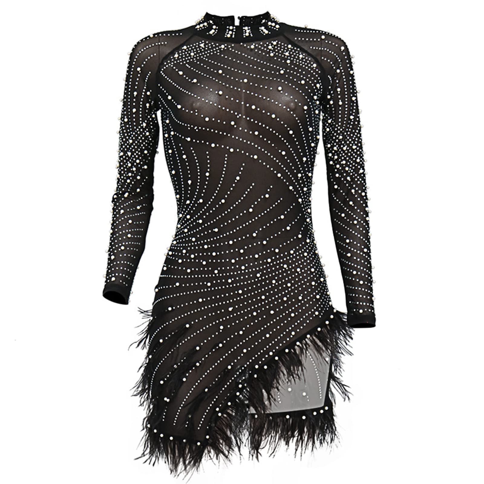 sunongvt Abito da Donna Sexy con Perforazione a Caldo Manica Lunga Orlo di Piume Irregolare Trasparente Mini Abito Aderente per Cocktail Club Notturno