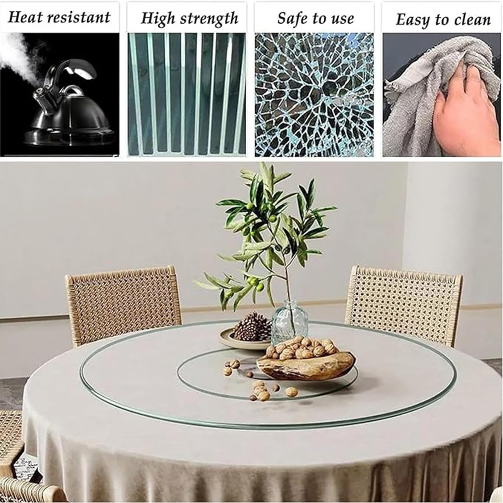 Lazy Susan Plateau tournant en verre trempé avec système d'aide pivotant pour table à manger, idéal pour les réunions de famille et la présentation des aliments