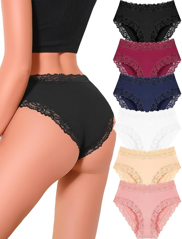Womens Cotton Underwear Cheeky Bikini Panties Sexy Lace Briefs Soft Stretch Lingerie for Ladies Underwear Pack 6
