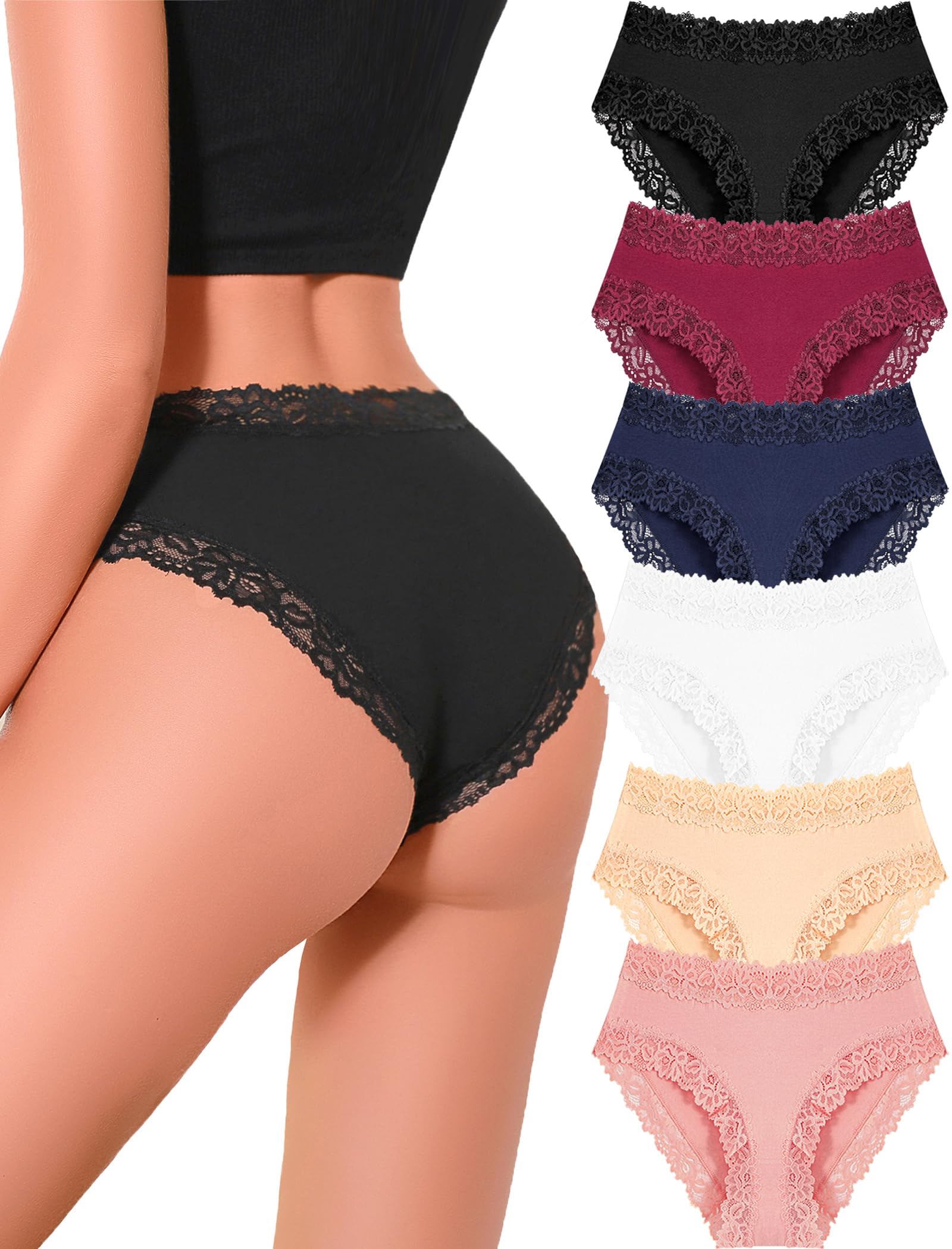 Womens Cotton Underwear Cheeky Bikini Panties Sexy Lace Briefs Soft Stretch Lingerie for Ladies Underwear Pack 6