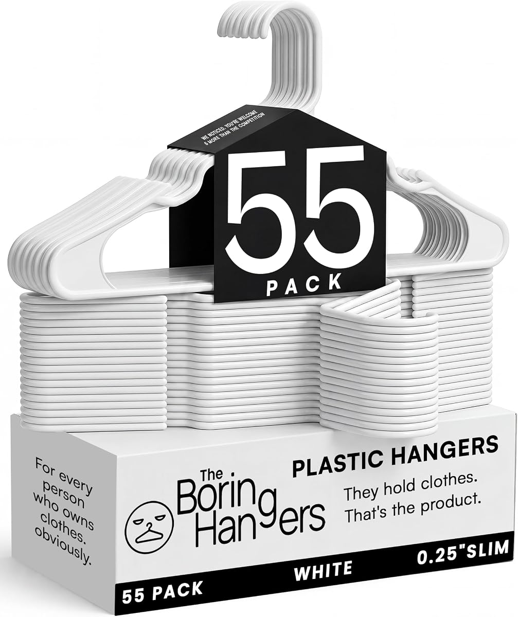White Plastic Hangers 55 Pack - 10 lb Heavy Duty Plastic Clothes Hangers for Closet - 0.25" Thin, Slim & Space Saving White Coat Hangers for Shirts, Dresses, Jackets, Pants