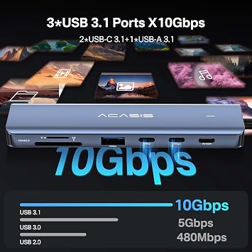 ACASIS USB C Hub to HDMI,10Gbps USBC Hub Multiport Adapter with 4K@60HZ HDMI,2*USB-C,1*USB-A,PD 100W,SD/TF Card Reader,7-in-1 USBC Splitter Adapter for MacBook, Mac mini,Laptop