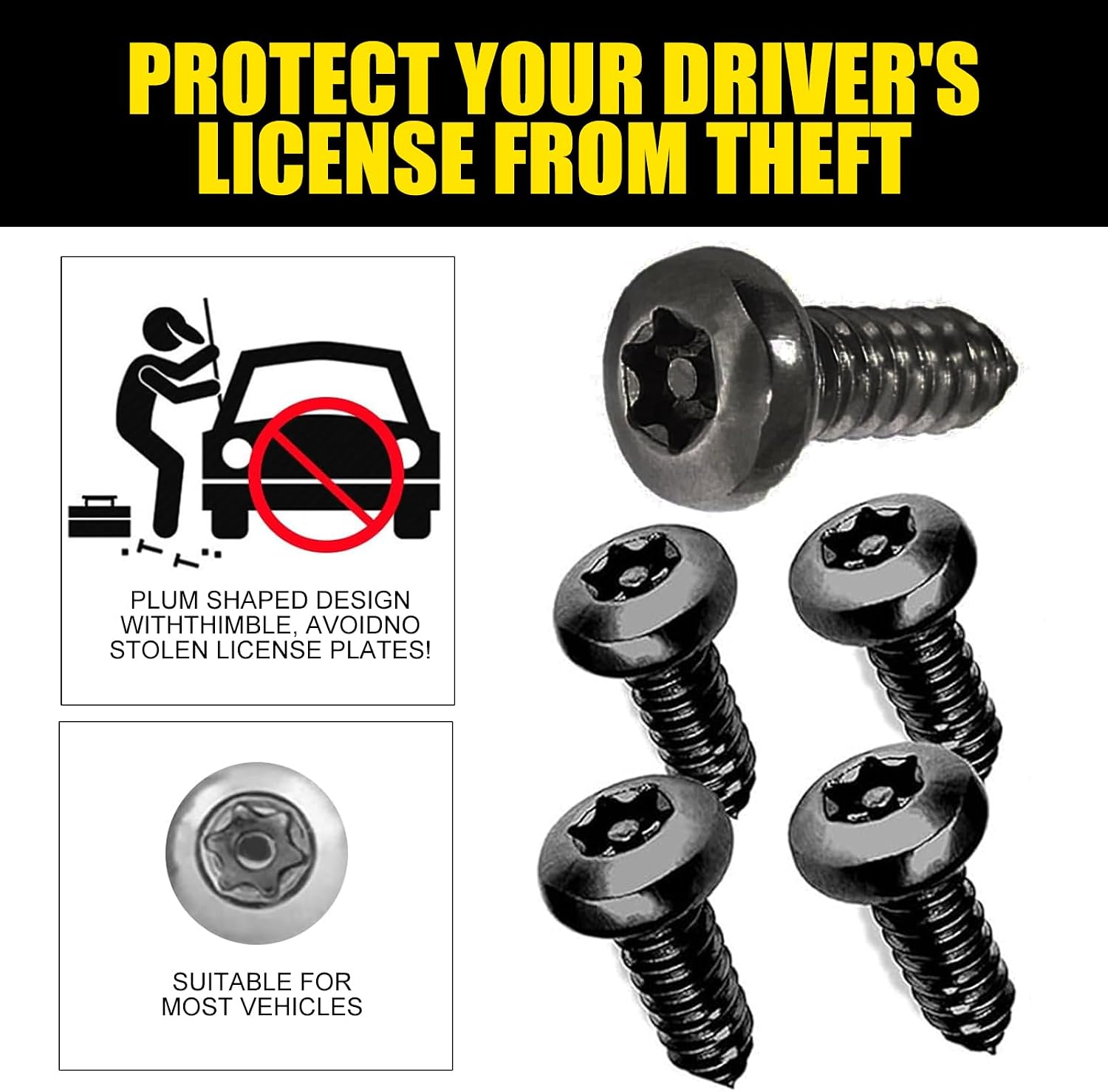 4 PCS License Plate Mounting Screw Kit, Stainless Steel Anti-Rust Anti-Theft Mounting Screws, US Standard Car License Plate Frame Fixing Accessories with Installation Tools, for Cars (Black) image 5