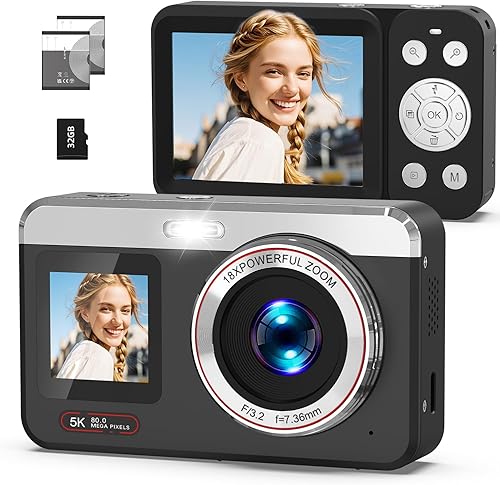 Cámara digital 5K, cámara de enfoque automático de doble pantalla de 80 MP, cámara de punto de zoom 18X y disparo para fotografía, flash, tarjeta de