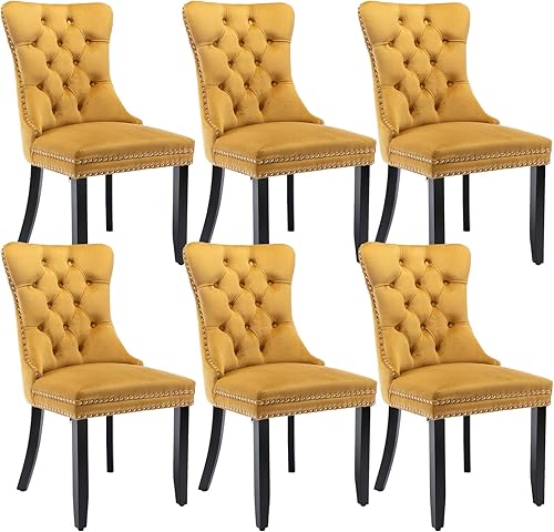 Miniatura 16 de Juego de 4 sillas de comedor de terciopelo beige, sillas tapizadas modernas para comedor con respaldo capitoné y acentos de madera, patas curvas de
