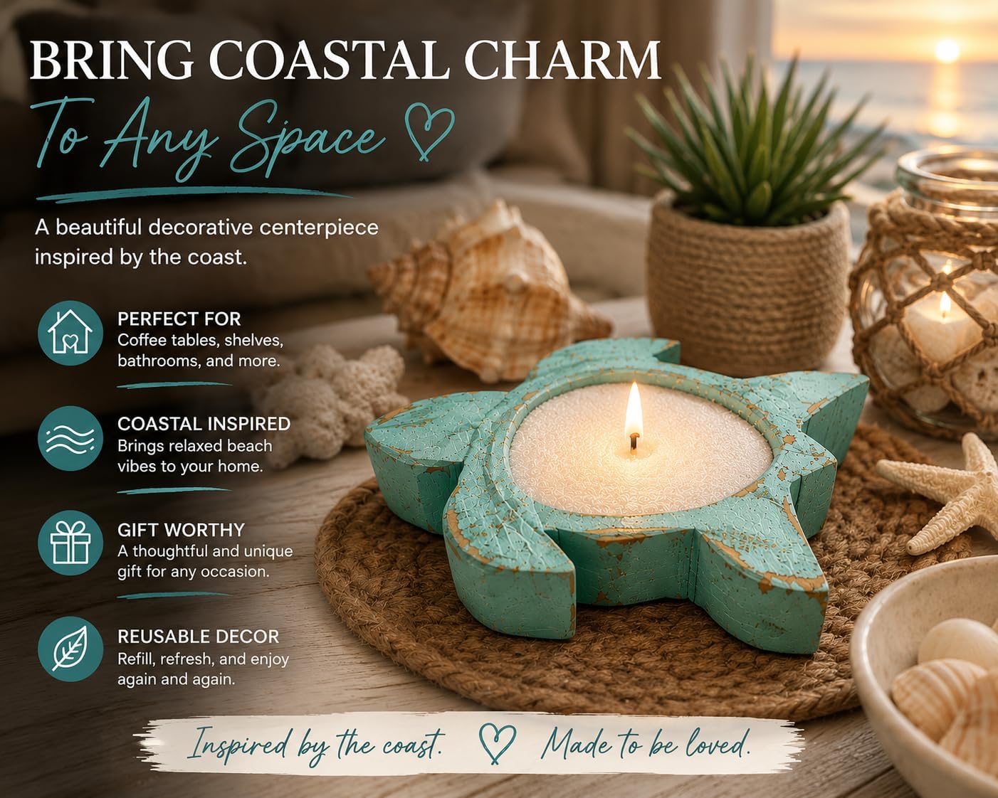Southern Alora Sand Candle Kit, Refillable Candle Sand with Cotton Wicks, Reusable Wooden Bowl Candle Making Kit, Home Decor Gift Set (Velvet Coconut, Sea Turtle Kit)
