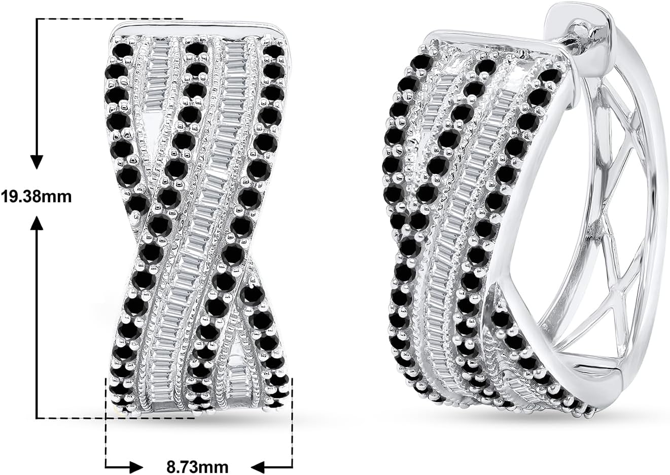 Twisted Black Onyx & Cubic Zirconia Huggie Hoop Earrings in 925 Sterling Silver, 2.25 CTTW Sparkly Simulated Diamond Accents, High-Polish Hypoallergenic Mini Hoops for Women