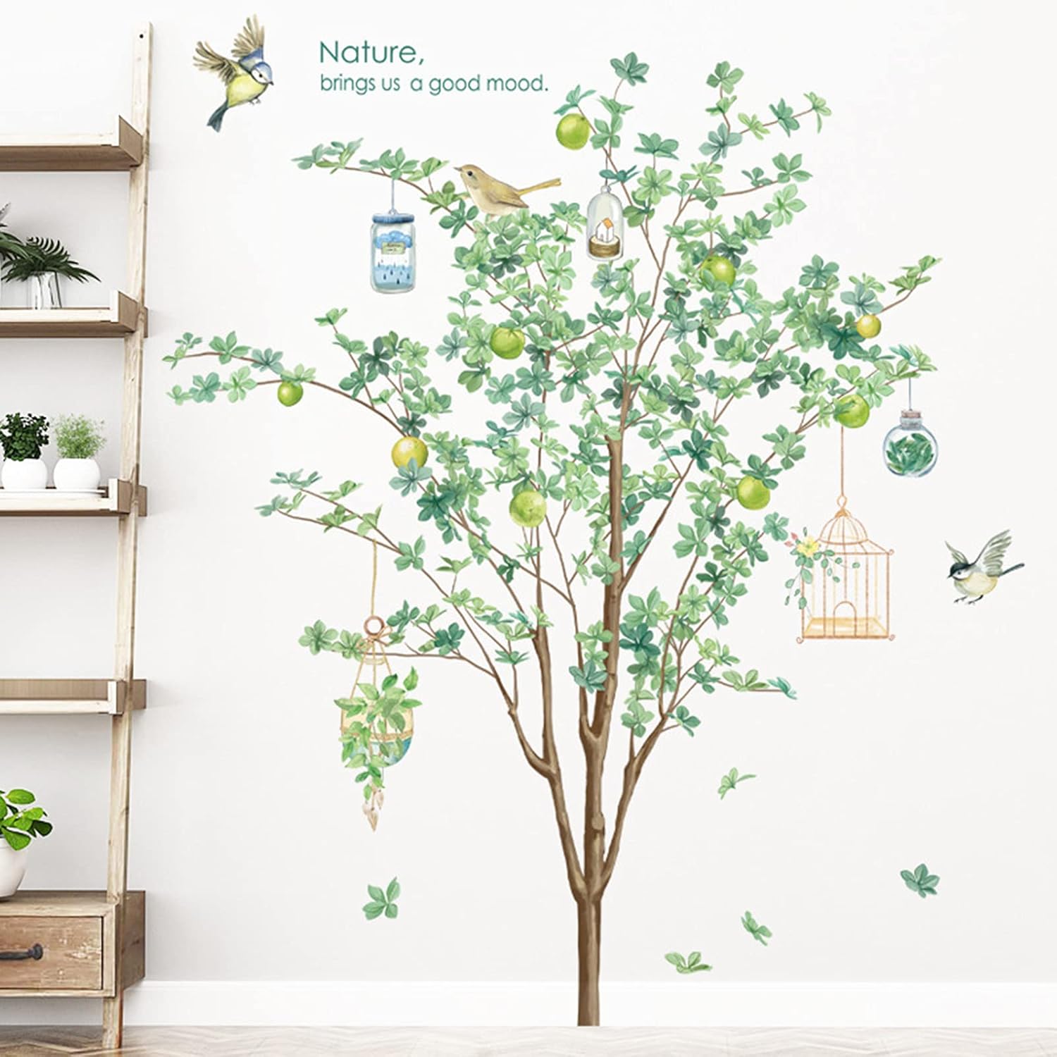 CIMEYOUS Self-Adhesive Plant Wall Murals ,DIY Wall Stickers with Green Trees ,Fruits ,Yellow Birds for Living Room ,Sofa ,Bedside Natural Style Decoration Murals Green Leaf Corridor Stickers : Tools & Home Improvement