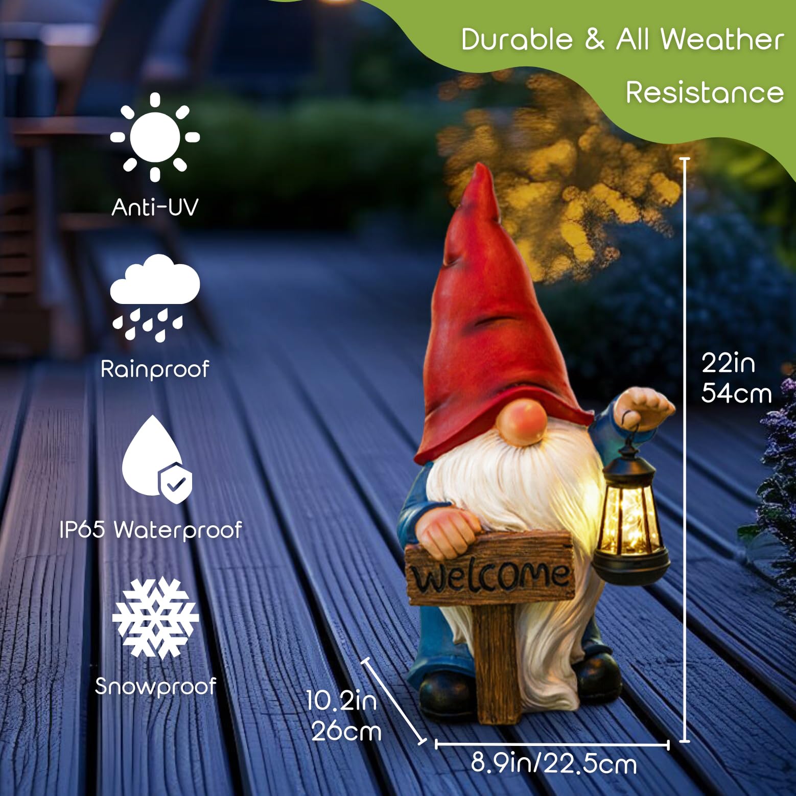 Statua da giardino a energia solare, grande gnomo da 56 cm, con cartello di benvenuto, decorazione per esterni con lanterna a LED, per casa, portico, cortile, patio, prato, ornamento
