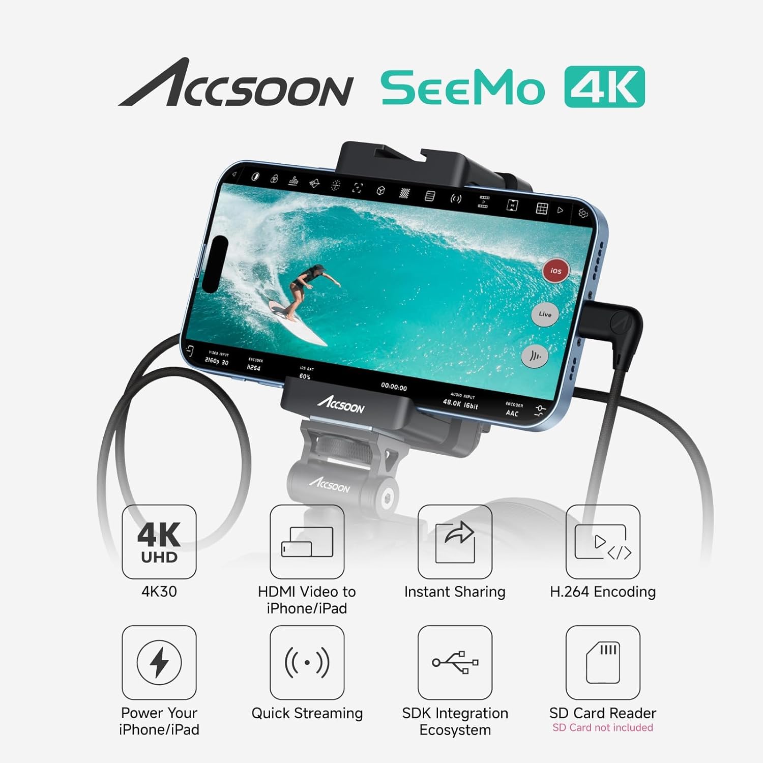 Accsoon SeeMo 4K HDMI Video Transmission System, 4K30/108060 HDMI Video Transmitter for i-Phone iPad, Real-Time Monitoring/Live Streaming/Recording/Sharing, SD Card Reader-for iOS 12 or Later