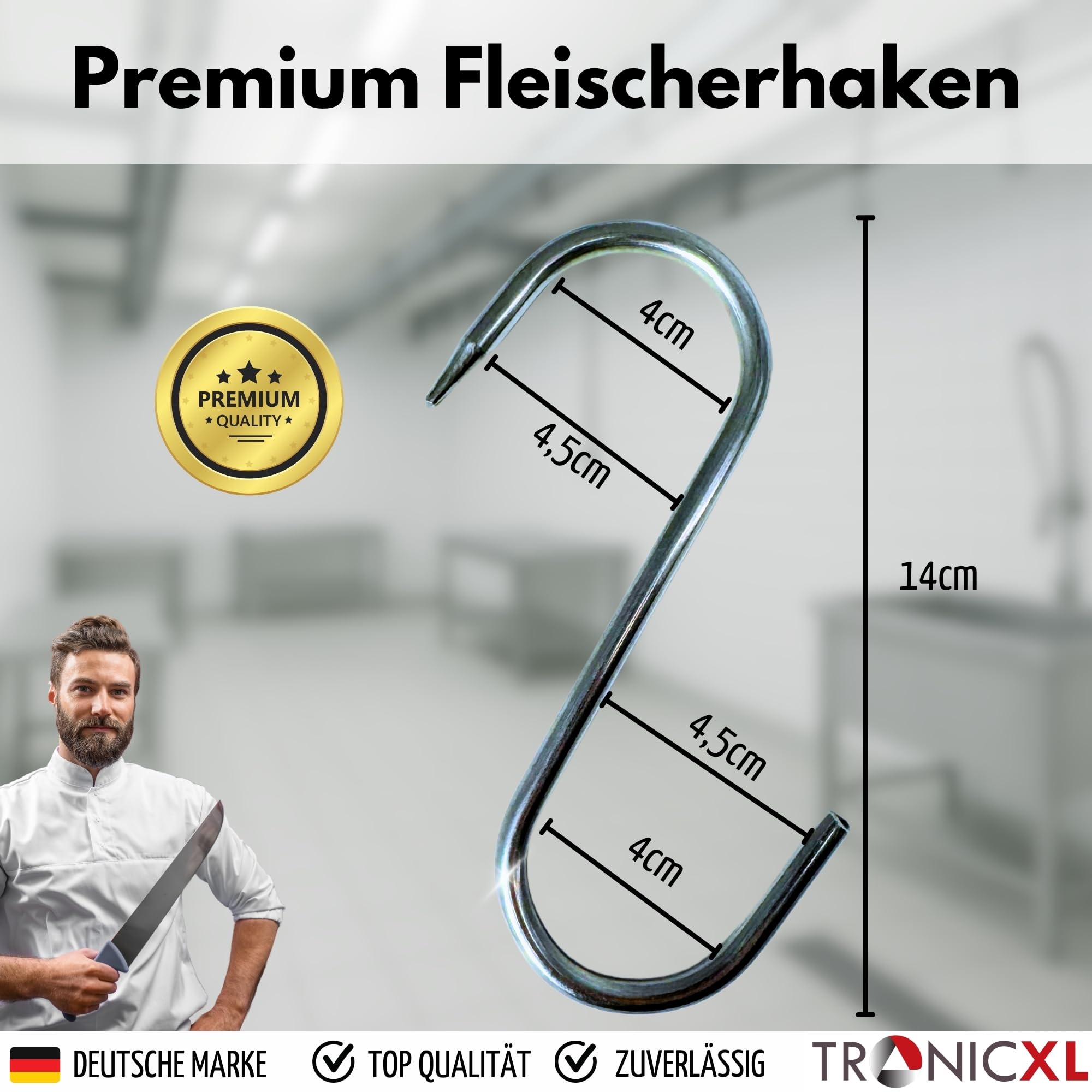 TronicXL Premium - Gancho en S de acero inoxidable de 140 mm x 6 mm para carne, carnicero, ahumador, acero inoxidable, carnicero, carnicero, acero inoxidable, Plateado