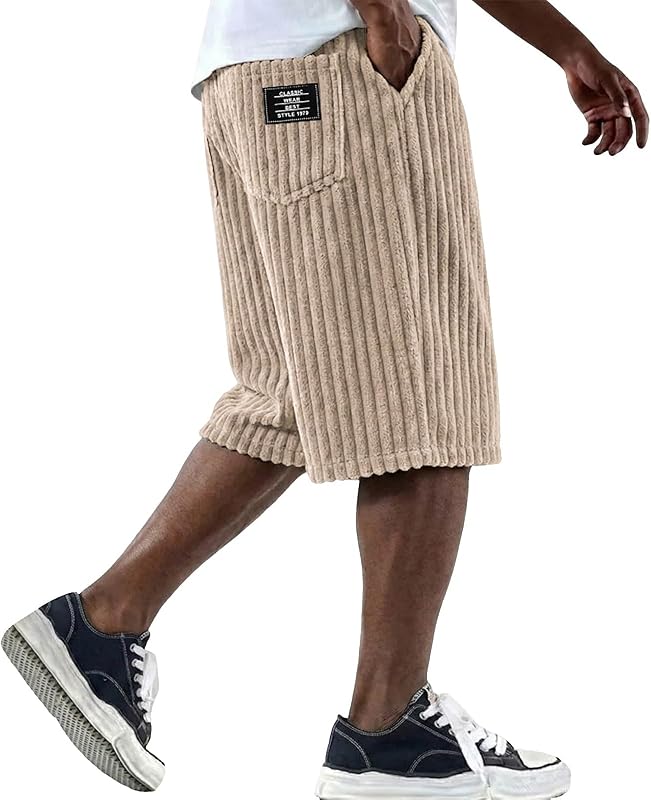 Corduroy Shorts Men 2026 Summer Plus Size Casual Elastic Waist Shorts Lightweight Baggy Comfy Beach Short Pants with Pockets