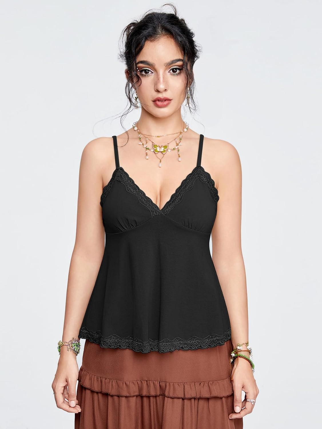 SHENHE Women's Lace Tank Top Babydoll V Neck Sleeveless Flowy Lace Cami Sexy Peplum Tops - Image 2