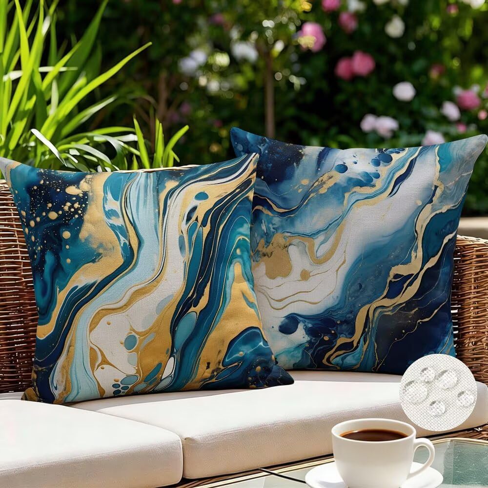 Federe Cuscini da Esterno Impermeabili 65x65 Blu Copri Cuscini per Divano Marmo Federa Cuscino Astratto Decorativi Copricuscini per Divano Giardino Patio Soggiorno Copricuscino Set di 2 (IU325)