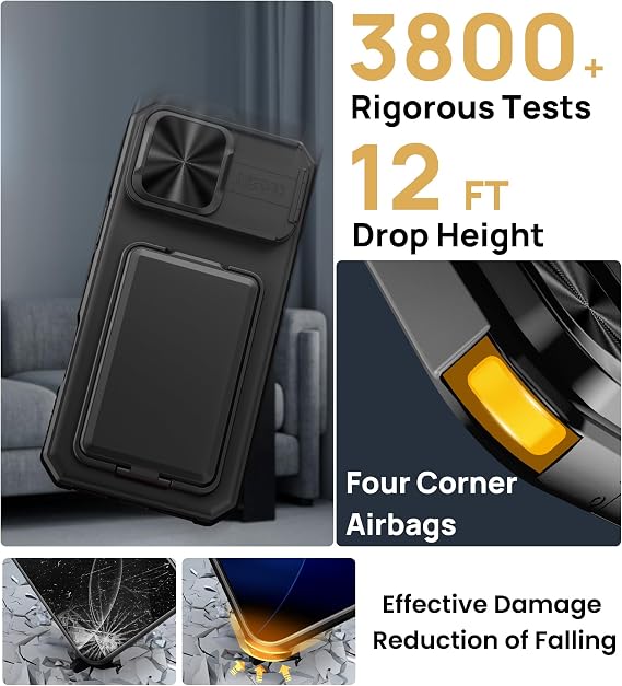 SSLOTSCASE for iPhone 17 Pro Max Case with Card Holder & Kickstand, Black | Slide Camera Lens Cover & Camera Stand & Wallet, Military-Grade Heavy Duty Phone Case Cover for iPhone 17 Pro Max 5G 2025