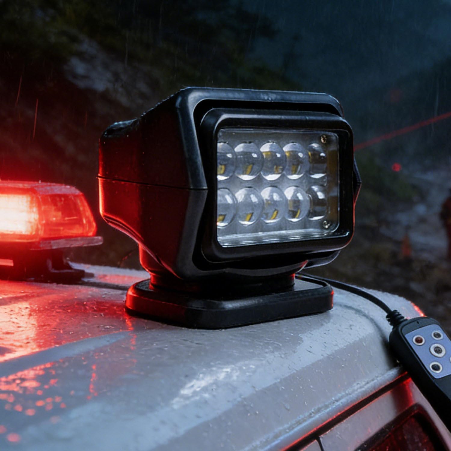 50W Remote Control LED Searchlight, 360° Rotatable Marine Spotlight with Magnetic Base, Waterproof Spotlight for Truck Boat Off-Road Lighting Black