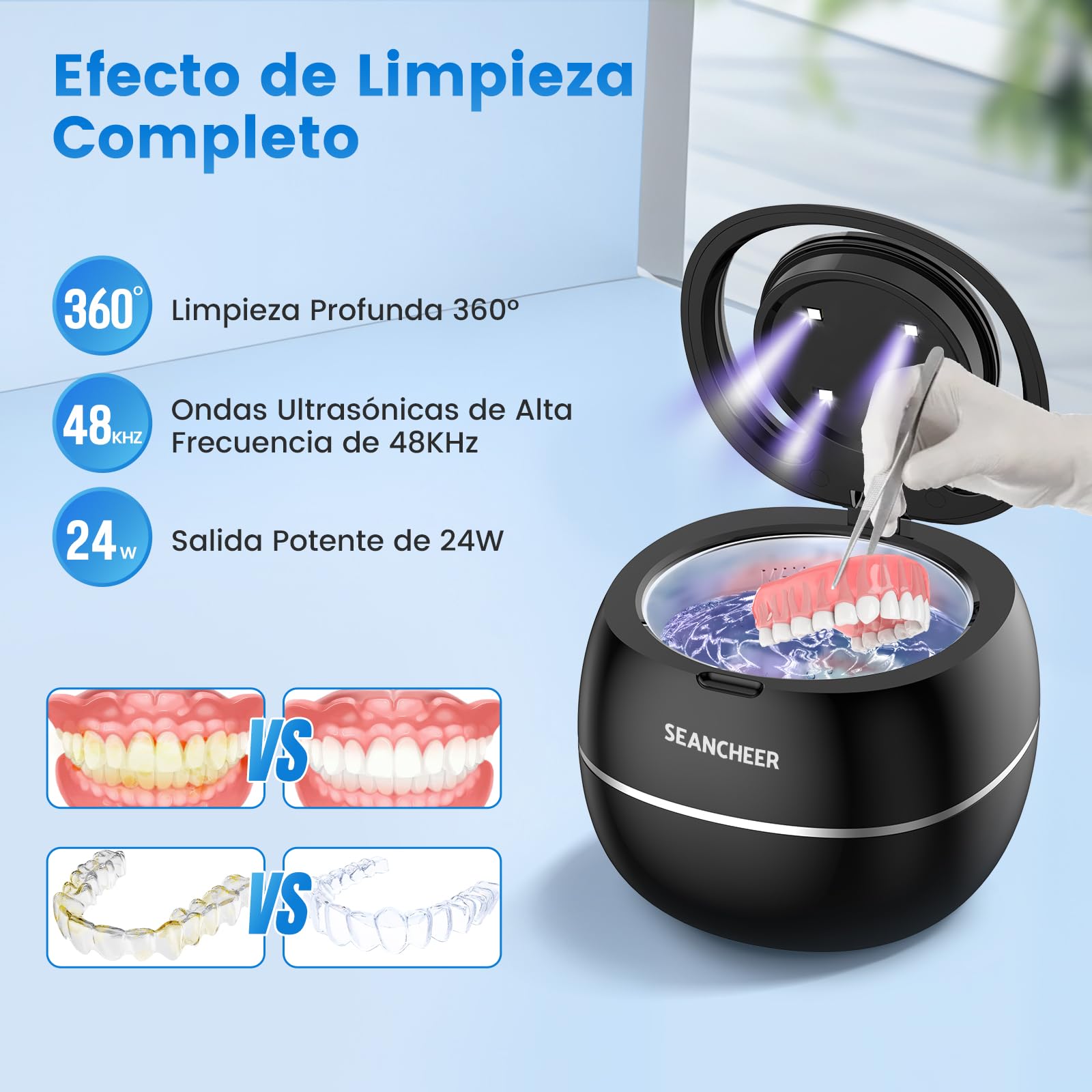 SEANCHEER Limpiador Ultrasonidos 48000Hz Ultrasonidos Limpieza | 24W | 180ML | Lampara UV | Ultrasonic Cleaner Portatil para | Dentaduras | Ferula Dental | Retainer | Aligner | Joyas | (Negro)