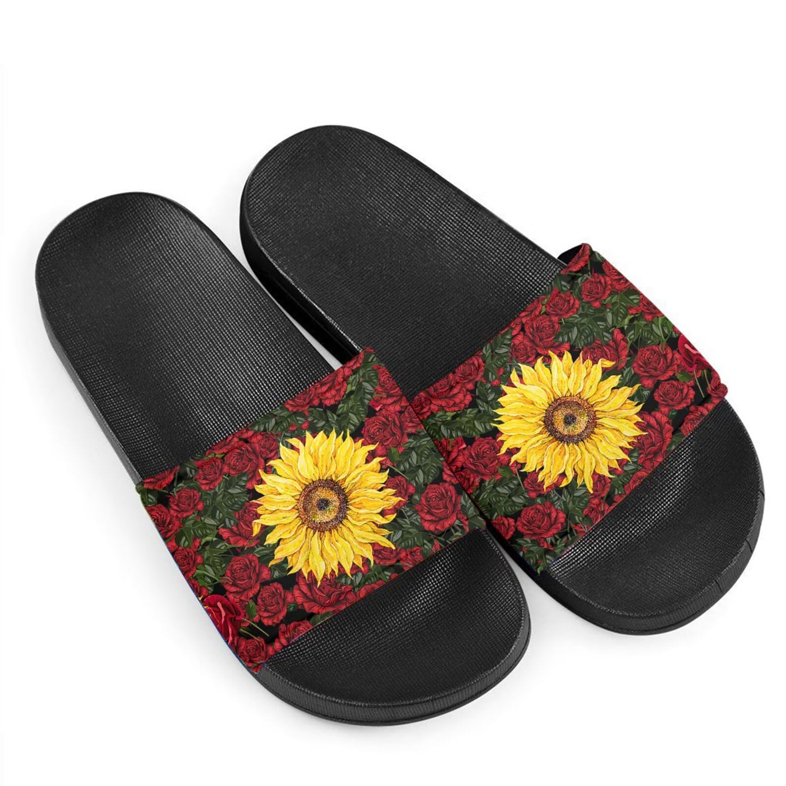 Howilath Novelty Sunflowers Pattern Slide Sandals for Women Girls, Comfotable Open Toe Non Slip Single Band Slide Sandals