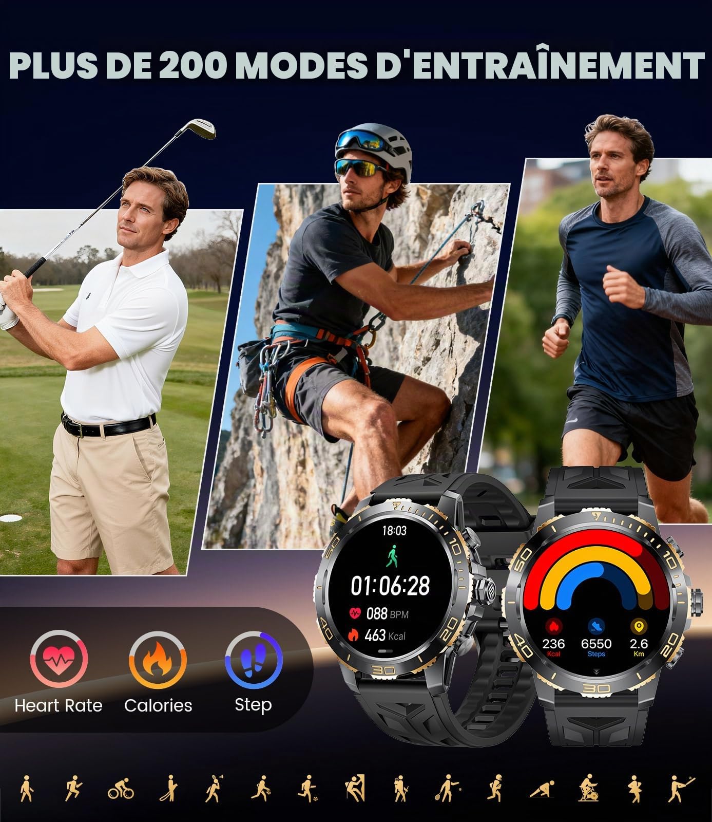 FITFLEX Montre Connectée Homme avec Batterie 800 mAh, 1.43" HD AMOLED Smartwatch Homme avec Appel Bluetooth/120+ Sportifs/Sommeil/Lampe de Poche, Etanche IP68, Fitness Montre iOS Android