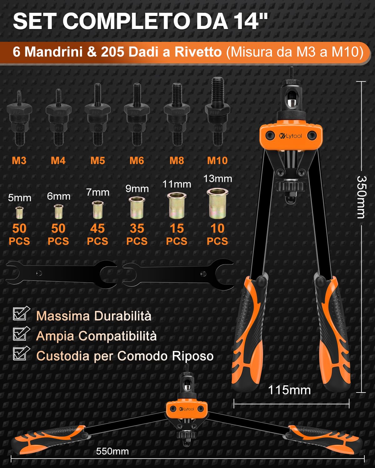 Lytool Rivettatrice per Inserti Filettati 14‘’,Rivettatrice Filettati Manuale 6 Mandrini Metrici e 205 Dadi per Rivetti(M3-M4-M5-M6-M8-M10),Custodia da Trasporto Pesante, Chiave, 2 Perni di Bloccaggio