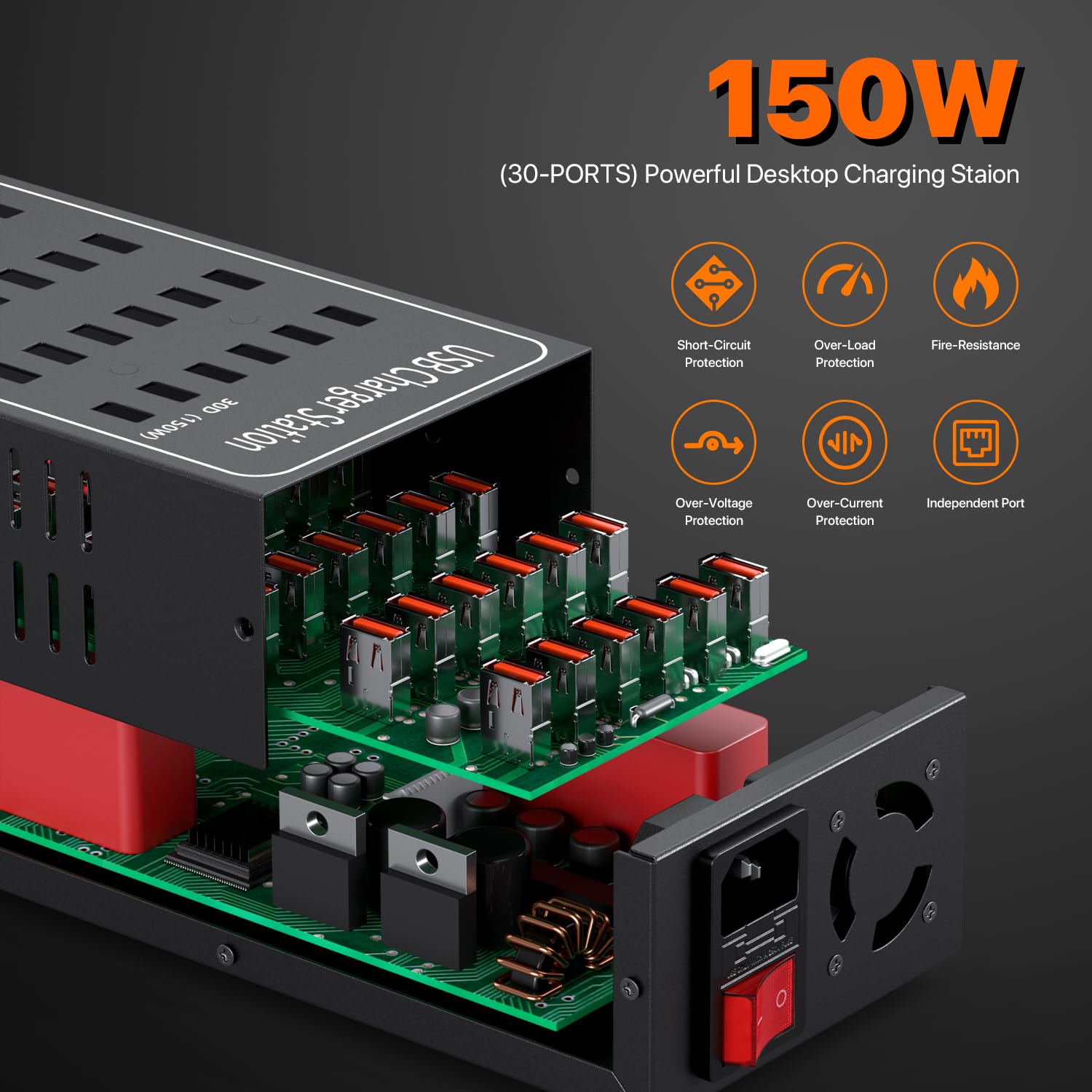 Cargador USB, estación de carga de 30 puertos, cargador de sobremesa 150W/30A, concentrador multidispositivo, adaptador de red USB-A, compatible con iPhone 12/13/14/15/Samsung S24/S23/S22/Google/Table