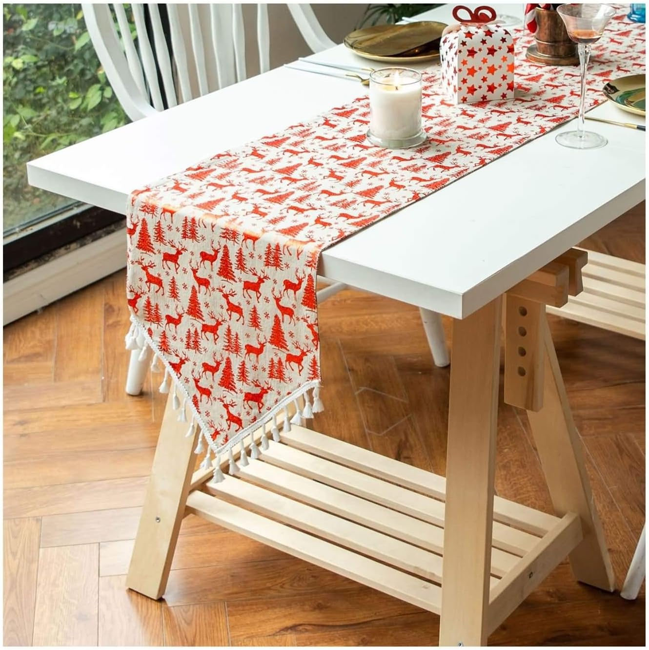 Christmas Table Runner,33x180CM,Snowflake Deer and Christmas Trees with Tassels Festive Table Runner Cotton,Table Runner Decoration Red