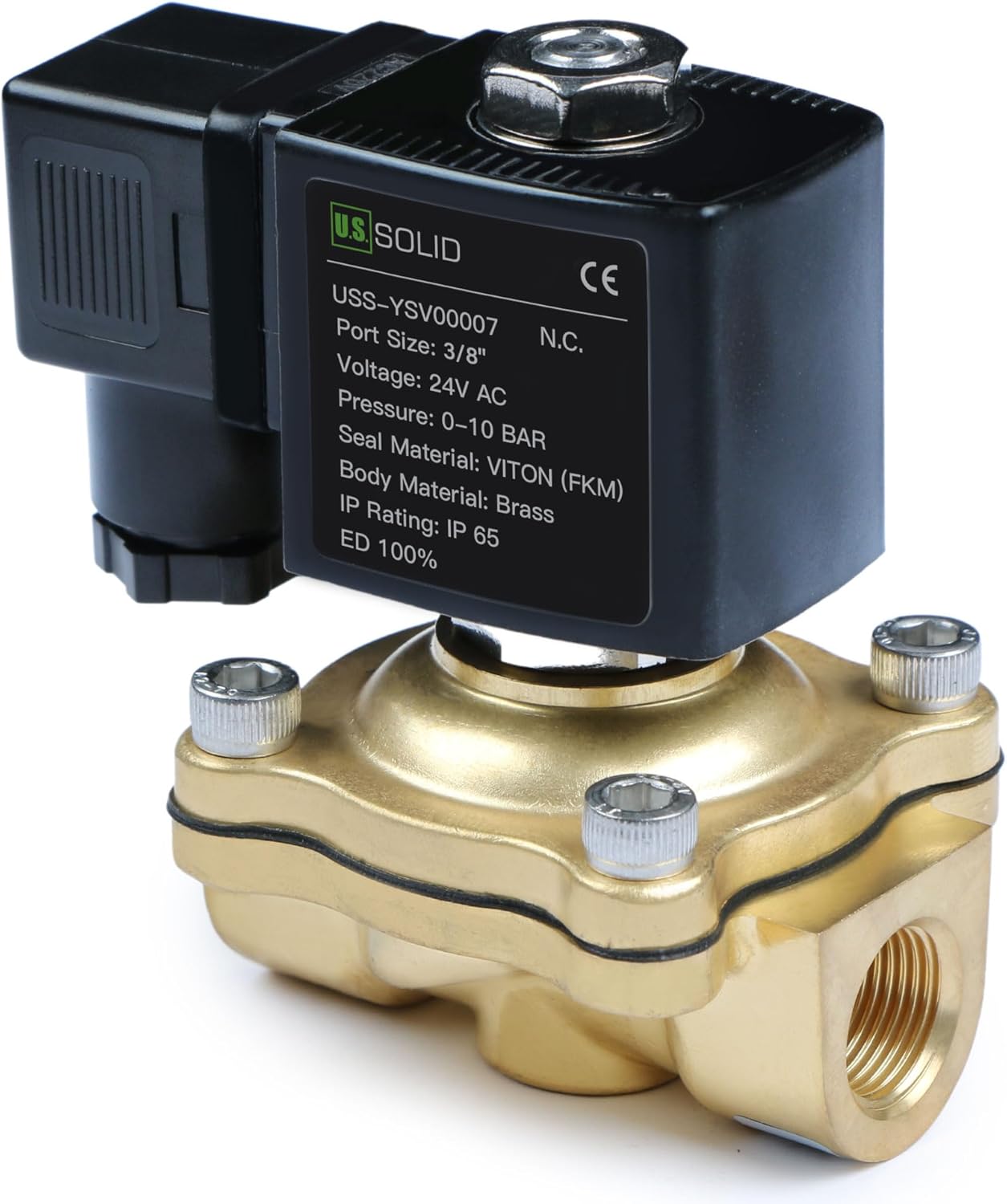 U.S. Solid 3/8" Brass Solenoid Valve - 24V AC, Normally Closed, 10 Bar Electric Valve for Water, Air, Diesel