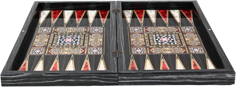 Traditional Wooden Backgammon Set, 20 Inch Mother of Pearl Design, Handmade Board Game with Dice Set, Classic Family Entertainment (Chess & Backgammon Set with Dices and Chess Pieces)