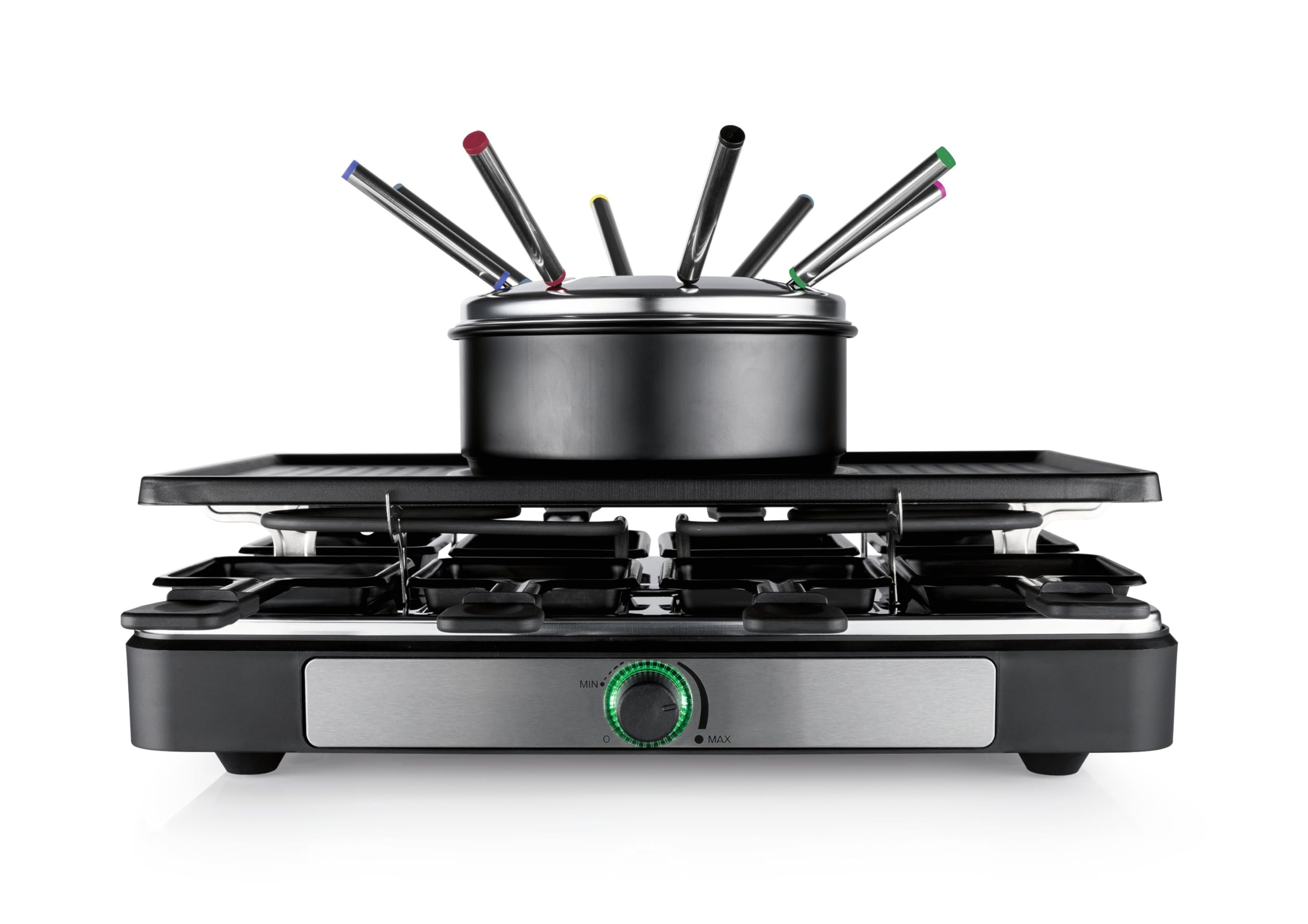 GOURMETmaxx Raclette 2 in 1 con fonduta, set raclette per 8 persone, ideale come barbecue per feste, combinazione di fonduta con 8 padelle, spatole, forchette per fonduta, raclette con set per fonduta