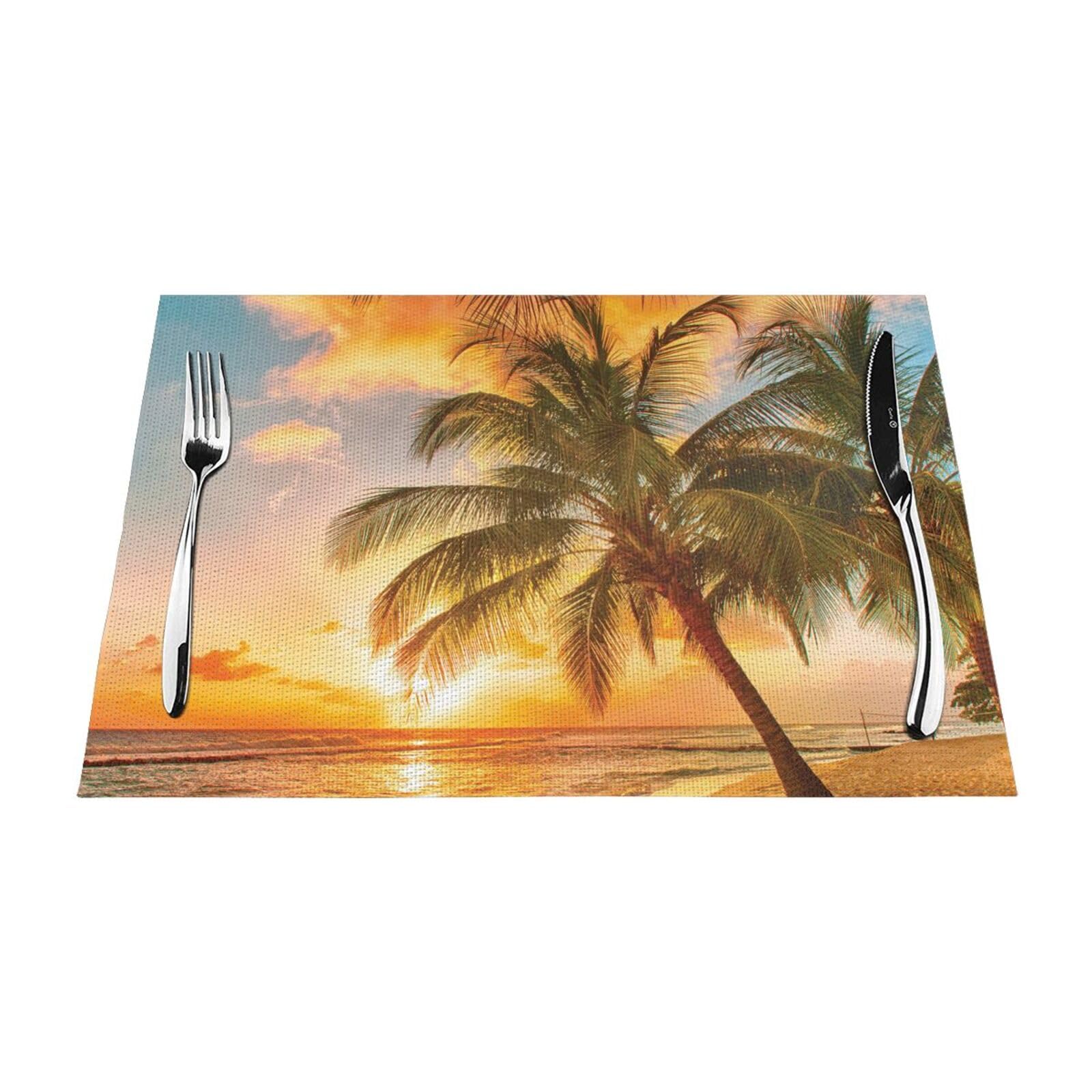 PVC Placemat Set of 4 PCS, 45x30 CM, Tropical Beach Palm Tree Sunset Printed Non-Slip Heat Resistant Place Mats for Kitchen Dining Table Indoor Outdoor