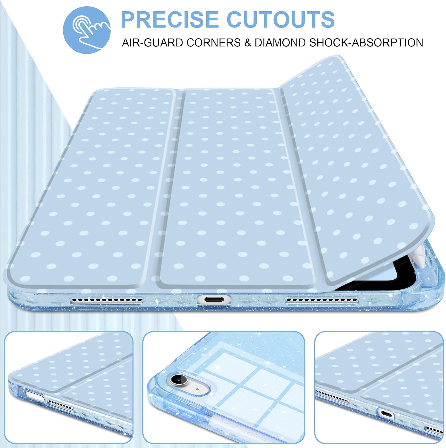 DONGKE for iPad 11th Generation Case (A16, 11-inch 2025) / iPad 10th Generation (10.9-inch 2022), Glitter Clear Acrylic Back, Pencil Holder, Trifold Stand, Auto Sleep/Wake - Blue Polka Dot