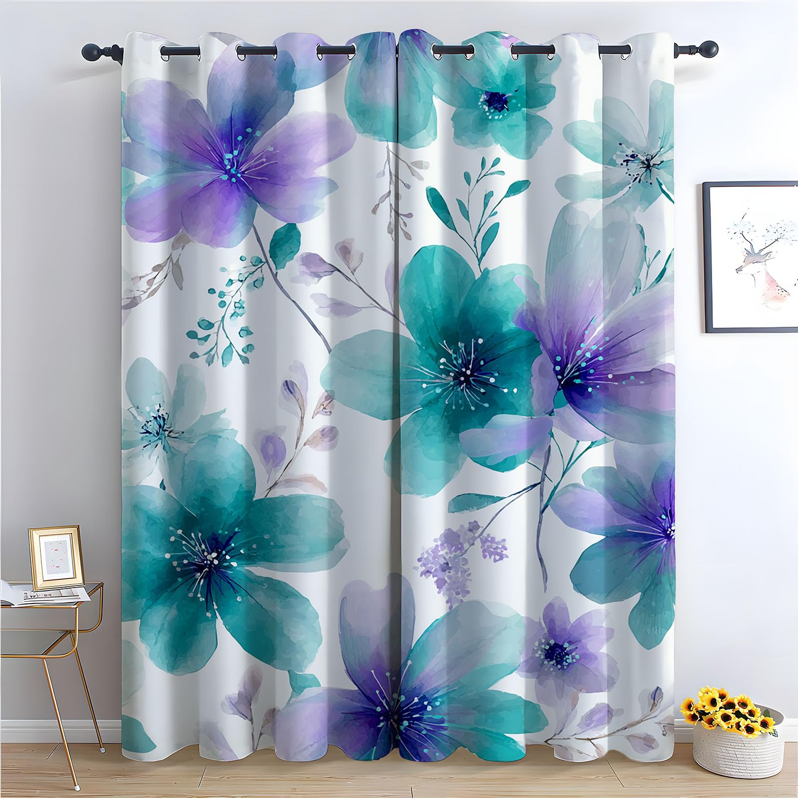 TERUEA Repellent Heavy Duty Weighted Fabric Curtains Soft watercolor turquoise purple flower spring floral Curtains Long Outdoor Scene-52 W x 90" L (Pack of 2)