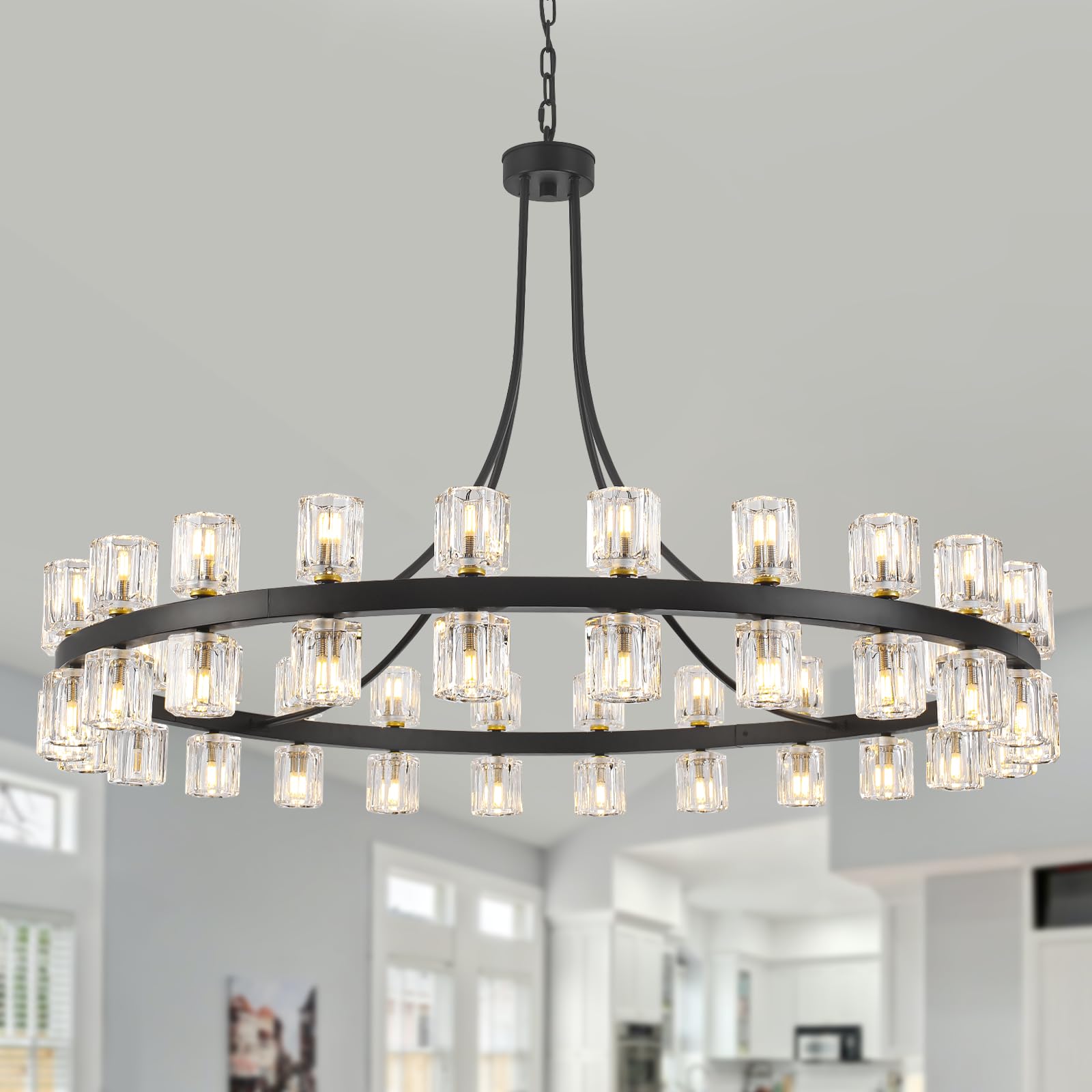 Photo 1 of WBinDX 48-Light Large Crystal Chandelier Dia 48 Inch, Modern Round Chandelier with Glass Shade, Black Wagon Wheel Chandeliers for Dining Room Living Room High Ceiling Entryway Foyers