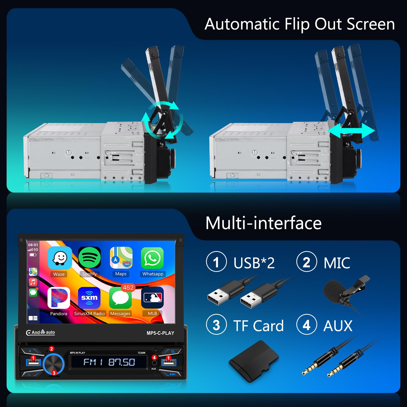 Hodozzy 2GB 32GB Android Autoradio 1 Din Carplay sans Fil Android Auto, Radio Écran 1 Din
