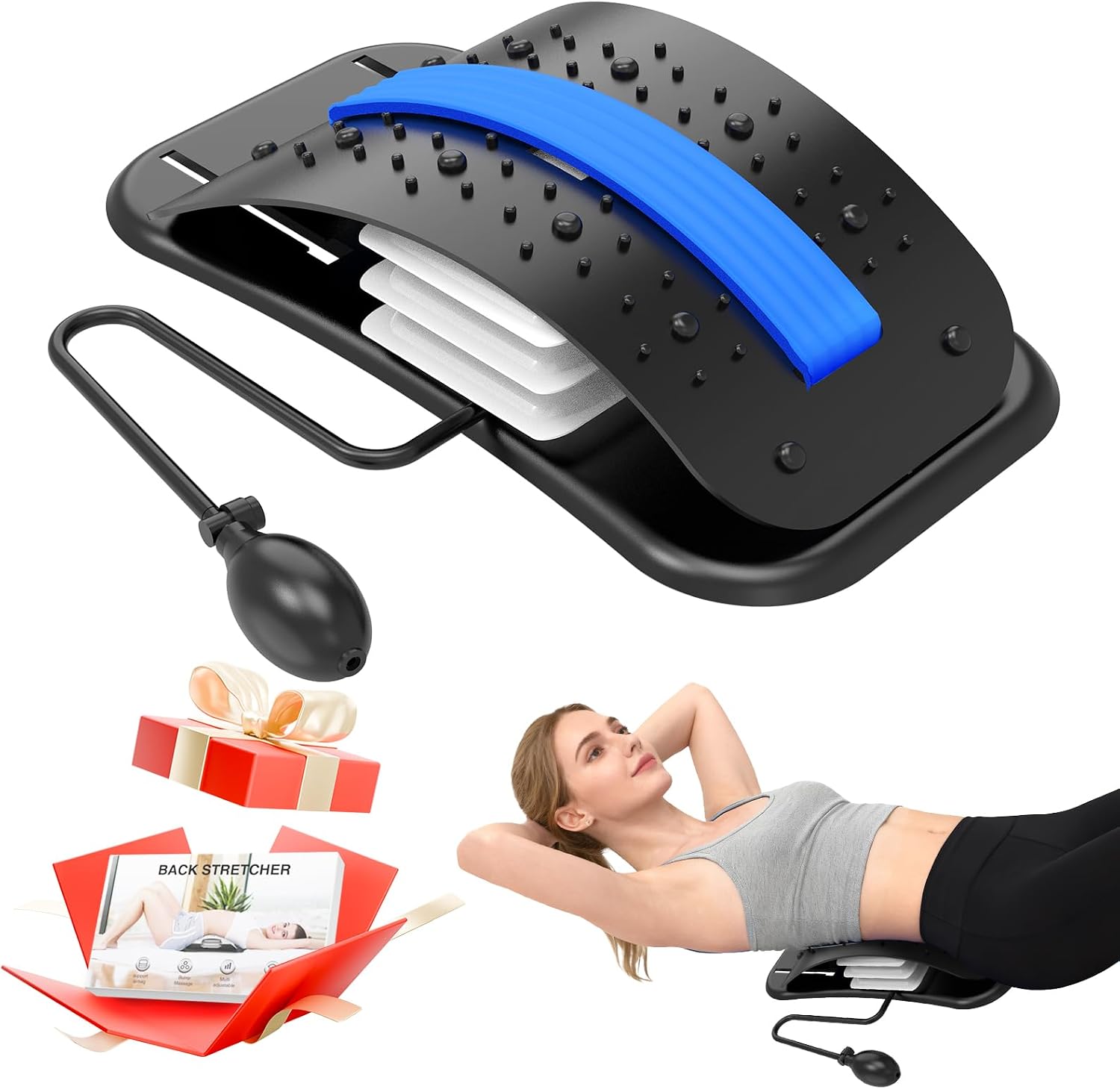 Back Stretcher for Lower Back Pain Relief, Adjustable Lumbar Traction Device, Ergonomic Spine Board with Acupressure Points, Back Massager for Spinal Decompression and Scoliosis