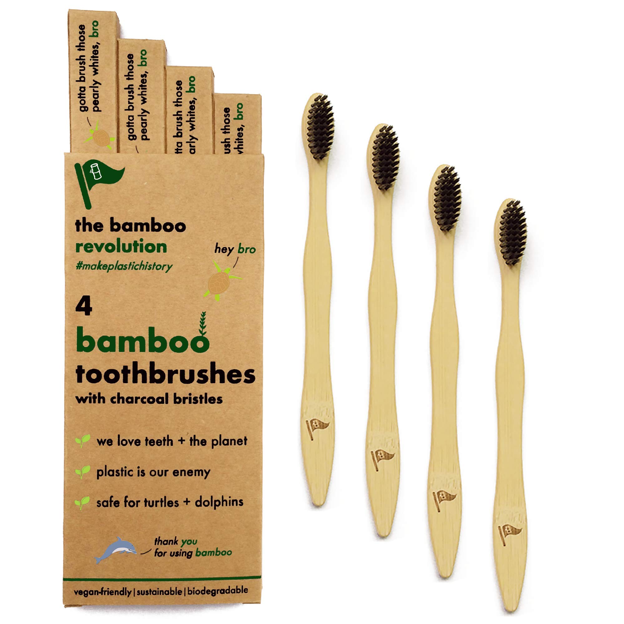 THE BAMBOO REVOLUTION | 4 Pack Bamboo Toothbrushes | Eco-Friendly, Vegan, Biodegradable Handle | Soft Charcoal Bristles | Plastic-Free Packaging | Family Pack
