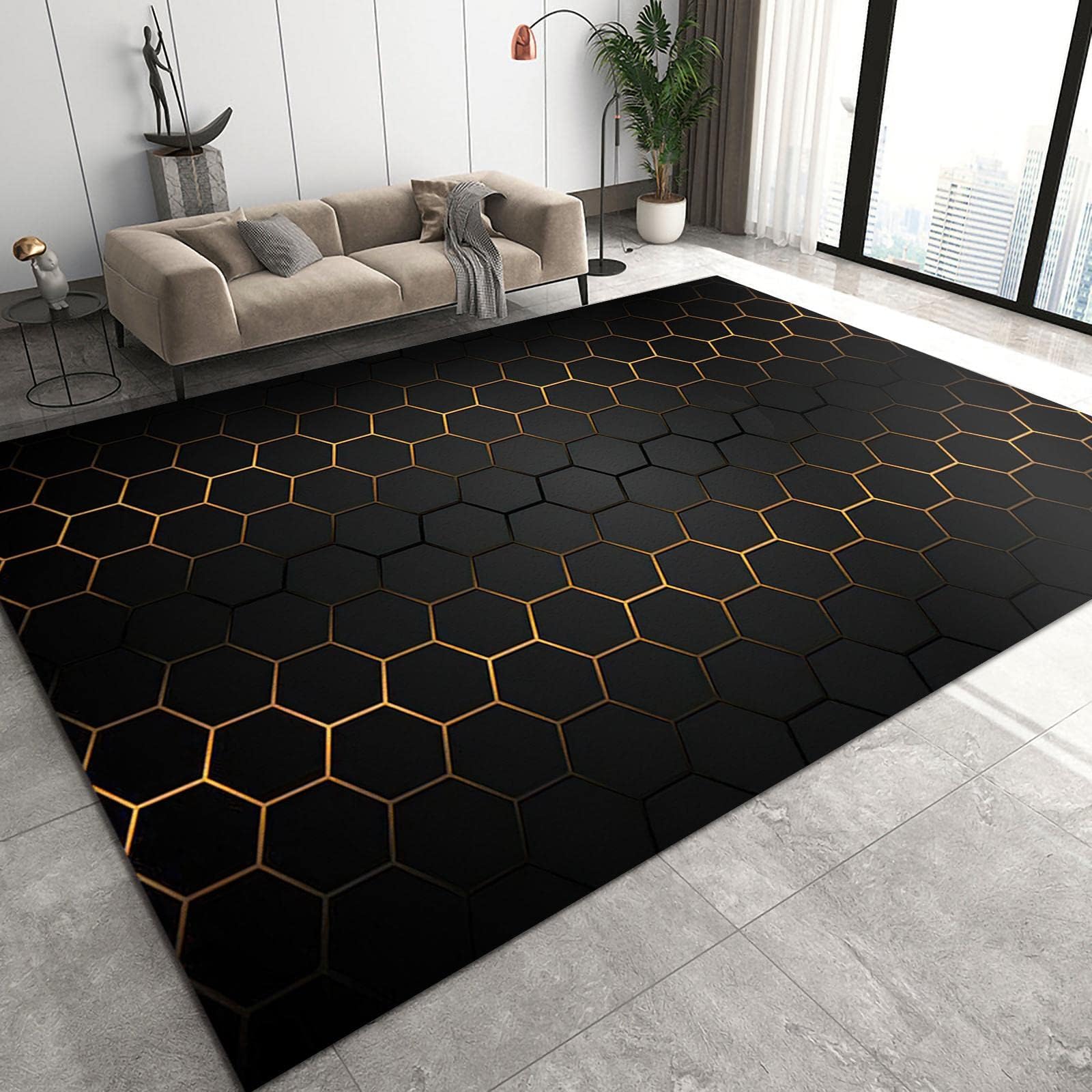 Nowoczesny czarno-złoty dywan o strukturze plastra miodu - geometryczny dywan 3D, do salonu, miękki i wygodny, luksusowy gradientowy design do sypialni i akademika 180 x 240 cm