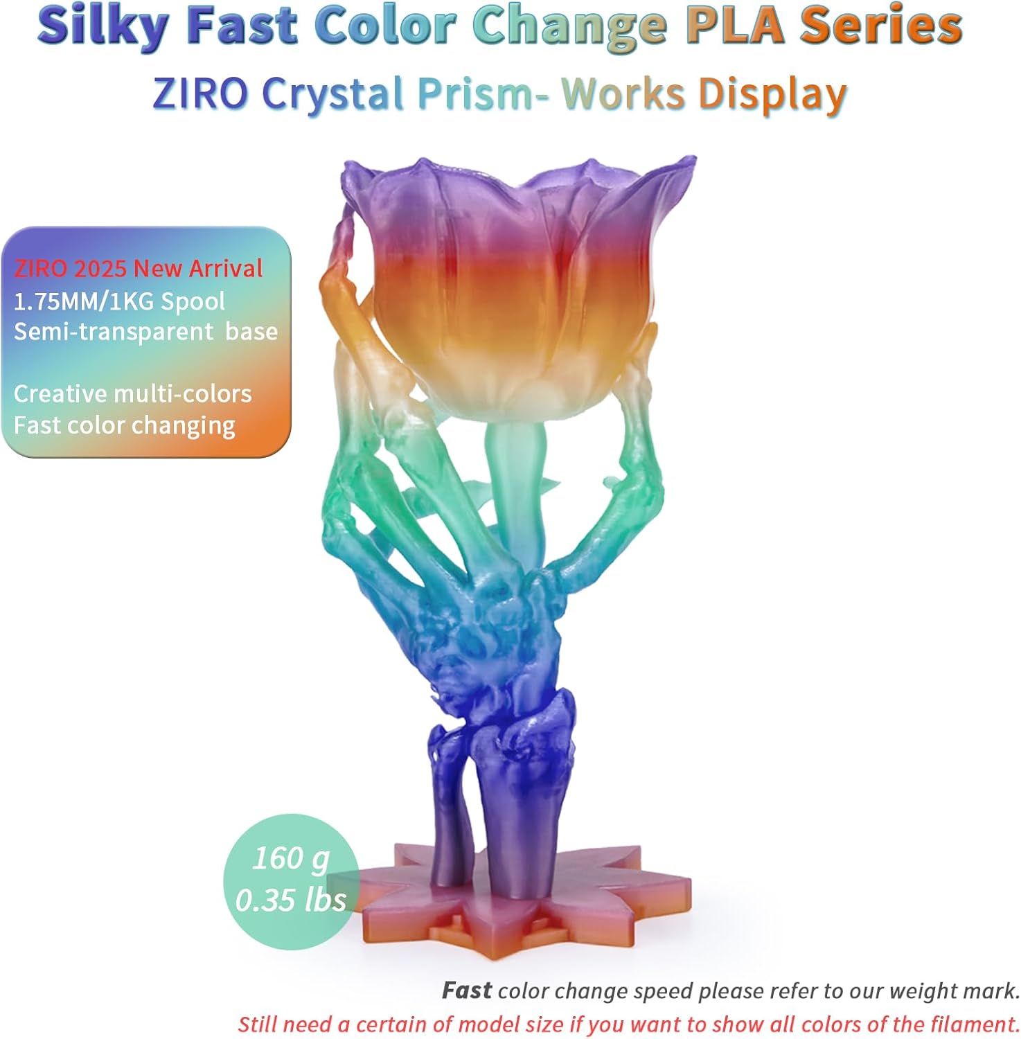 ZIRO Fast Color Changing PLA, Transluent Multicolor Filament 1.75mm, 3D Printing Material, 1kg Spool, Dimensional Accuracy +/-0.03mm, Fit Most 3D Printers, Crystal Prism