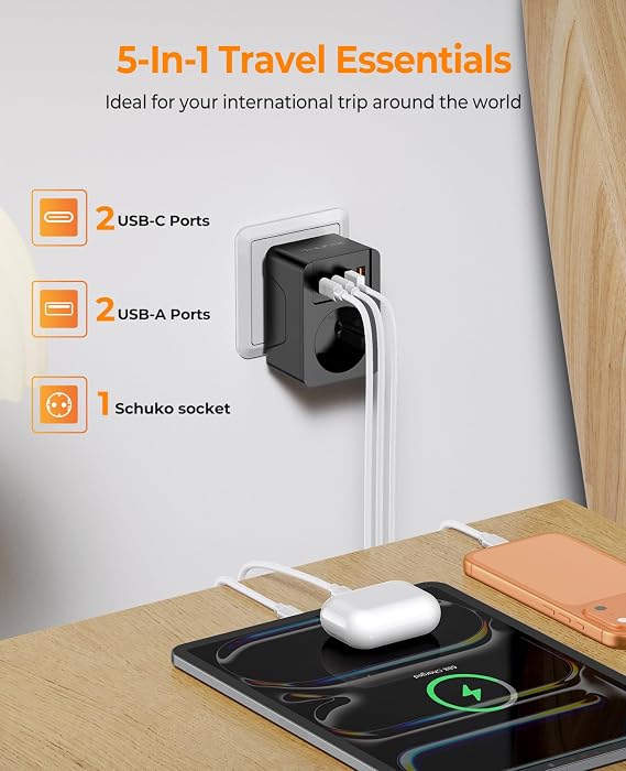 Travel Adapter Worldwide Set Travel Plug Universal with 4 Removable Adapters International Socket Adapter with USB C (PD 20W) Adapter Socket Type A/E/F/G/B/for USA/Japan/Canada/HK/EU/UK