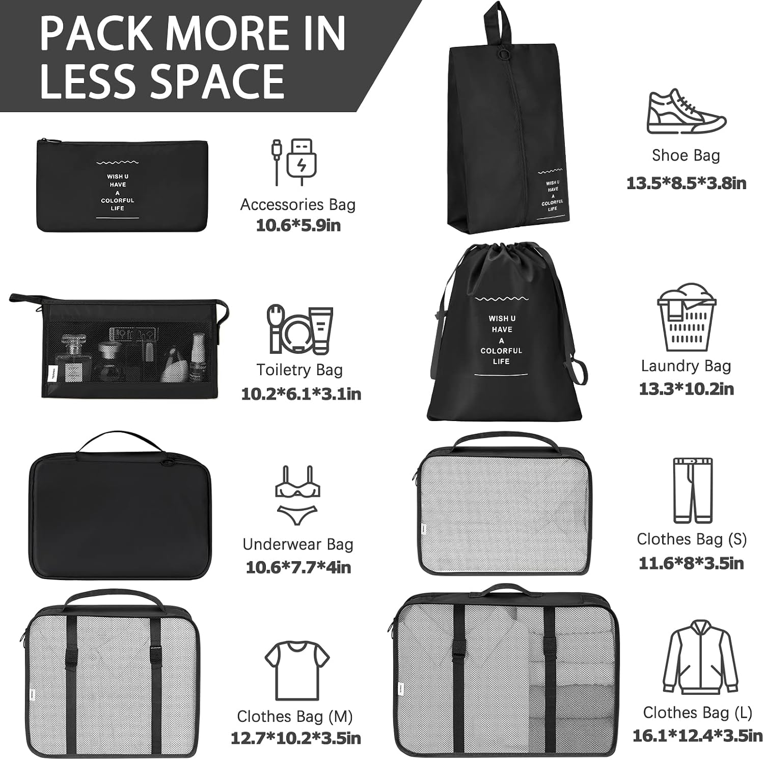KPX 8 Set Packing Cubes for Travel, Luggage Packing Organizers Accessories Large Toiletries Bag for Clothes Shoes Cosmetics (Black) image 2