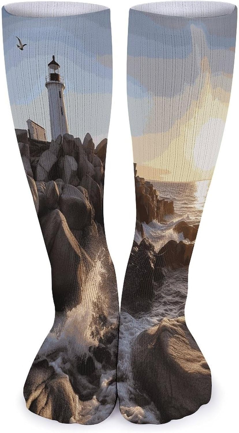 Lighthouse Rocks Seaside Knee High Socks Cozy Knee High Socks Soft Mid-Length Sock for All Seasons Daily Wear Adult