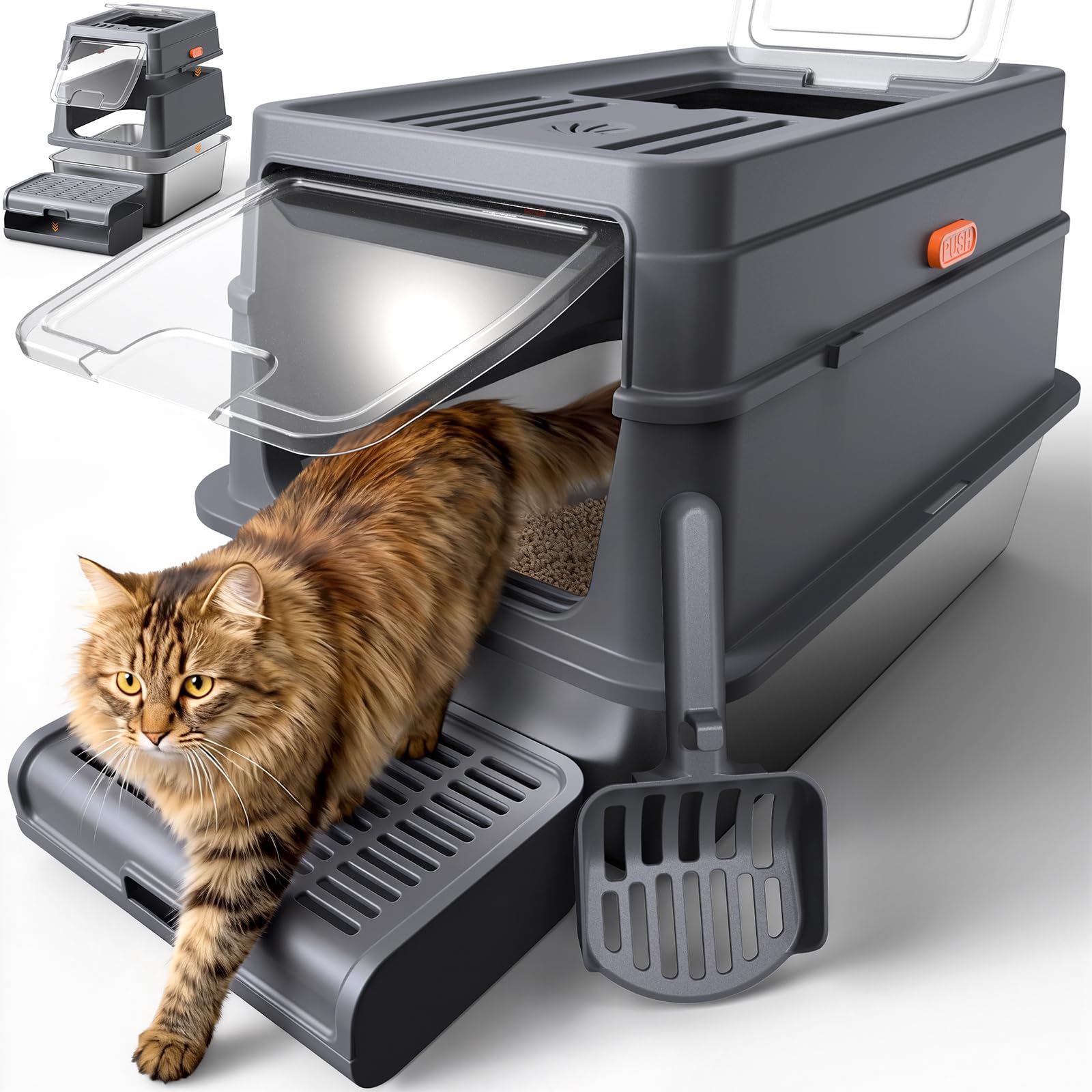 Powools Cat Litter Tray with Lid - Stainless Steel Cat Litter Tray with Scoop & Elevated Step, Easy to Clean, High-Sided Cat Litter Box with Activated Carbon Filter, 60 x 40 x 38 cm, Grey