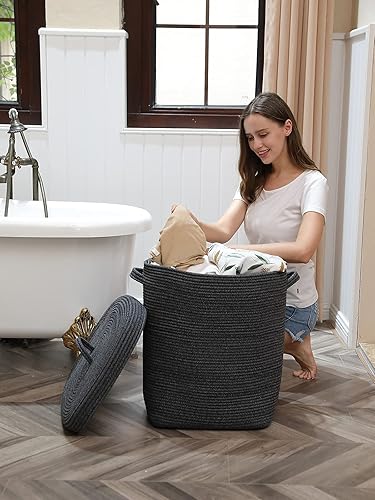 Miniatura 83 de Cesta de almacenamiento rectangular extragrande de 22 x 14 x 18 pulgadas con tapa, cesta de almacenamiento grande de cuerda de algodón, cesta