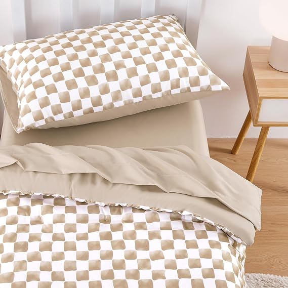 Wake In Cloud - Toddler Bedding Set for Boys Girls, Cute Gingham Grid Checkered, 4 Pieces Soft Crib Bed Set Including Comforter, Sheets and Pillowcase, Brown White