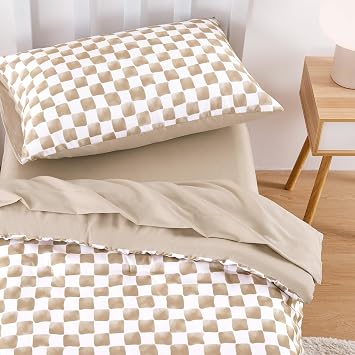 Wake In Cloud - Toddler Bedding Set for Boys Girls, Cute Gingham Grid Checkered, 4 Pieces Soft Crib Bed Set Including Comforter, Sheets and Pillowcase, Brown White