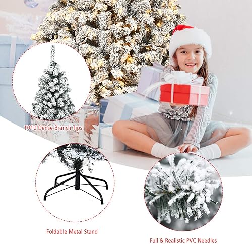 Miniatura 29 de Goplus - Árbol de Navidad artificial preiluminado de 9 pies, pino nevado articulado de PVC de alta calidad con base metálica y luces LED, decoración