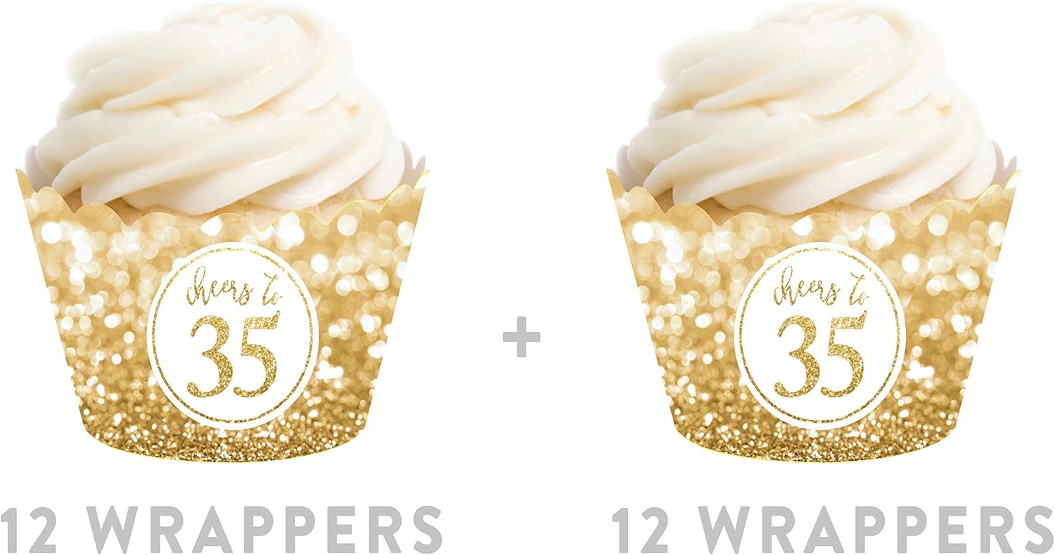 Andaz Press Glitzy Faux Gold Glitter Cupcake Wrapper Decorations, Cheers to 35 Years, 35th Birthday or Anniversary, 24-Pack, Not Real Glitter