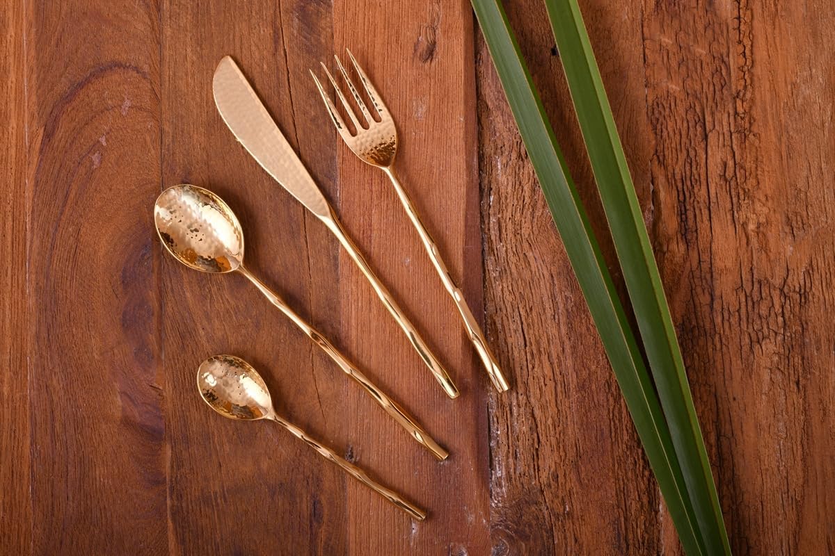 DeKulture Handmade Pure Brass 4-Piece Cutlery Set: Gold Flatware for Dining & Serving image 5